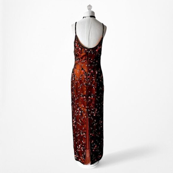Vintage Y2K Orange Silk Brown Floral Beaded Mesh Bodycon Maxi Prom Dress Size M - Picture 6 of 8